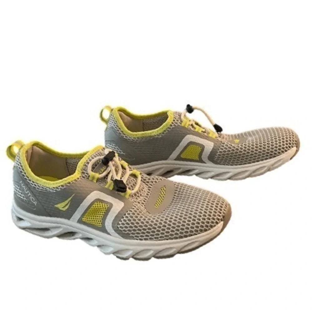Nautica Aslin Ladies Grey Neon Yellow Mesh Bungee Lace Athletic Sneakers Size 10